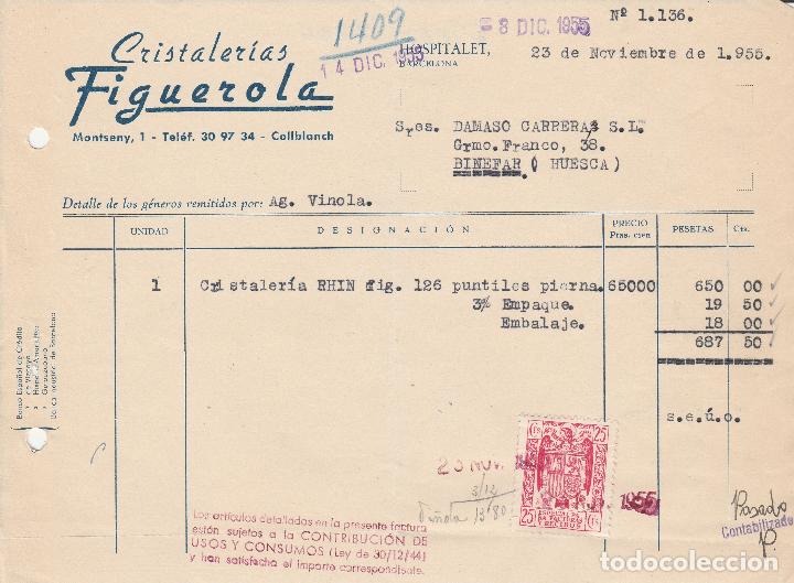 Alte Rechnungen: FACTURA. CRISTALERIAS FIGUEROLA. HOSPITALET-BARCELONA. 1955.