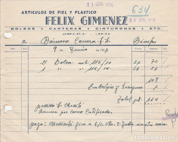 Alte Rechnungen: FACTURA. FELIX GIMENEZ. ART&Iacute;CULOS DE PIEL Y PLASTICO. LERIDA. 1956.