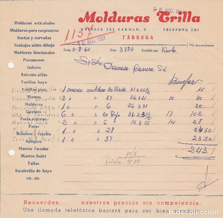 Alte Rechnungen: FACTURA. MOLDURAS TRILLA. MOLDURAS ARTICULADAS. MOLDURAS PARA CARPINTER&Iacute;A. PASAMANOS. TARREGA. 1961.