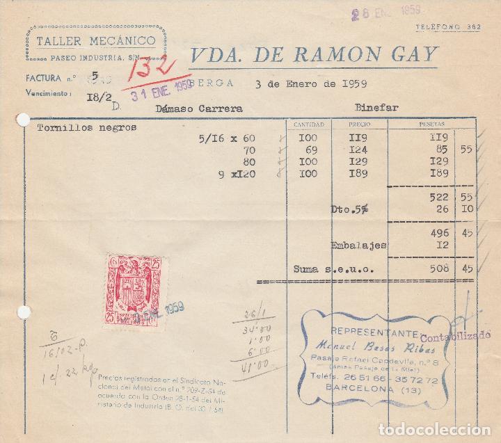 Alte Rechnungen: FACTURA. VDA. DE RAM&Oacute;N GAY. TALLER MEC&Aacute;NICO. BERGA. 1959.