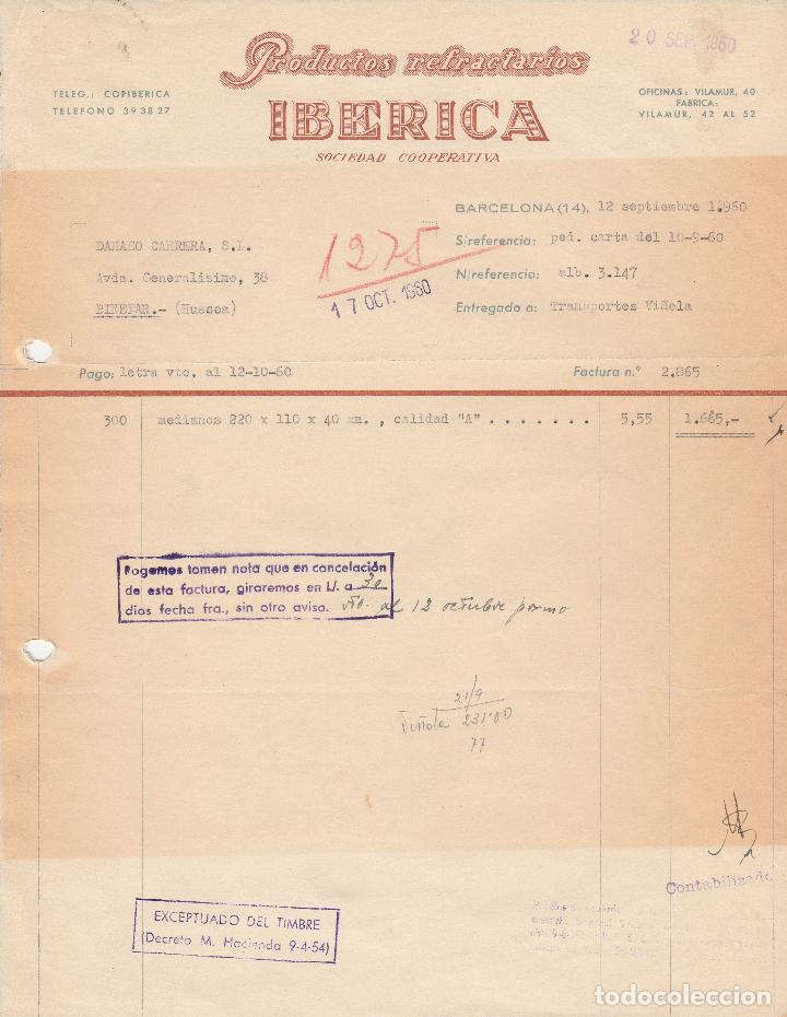 Alte Rechnungen: FACTURA. PRODUCTOS REFRACTARIOS IBERICA. Sociedad Cooperativa. BARCELONA. 1960.