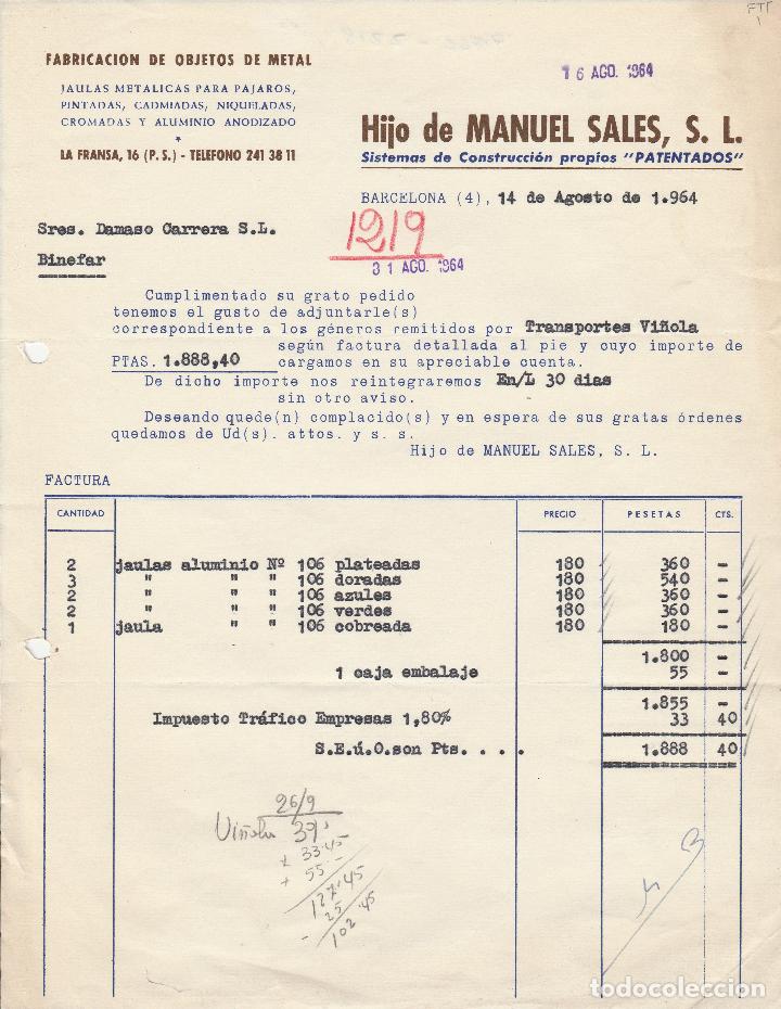 Alte Rechnungen: FACTURA. HIJO DE MANUEL SALES, S.L. BARCELONA. 1964.
