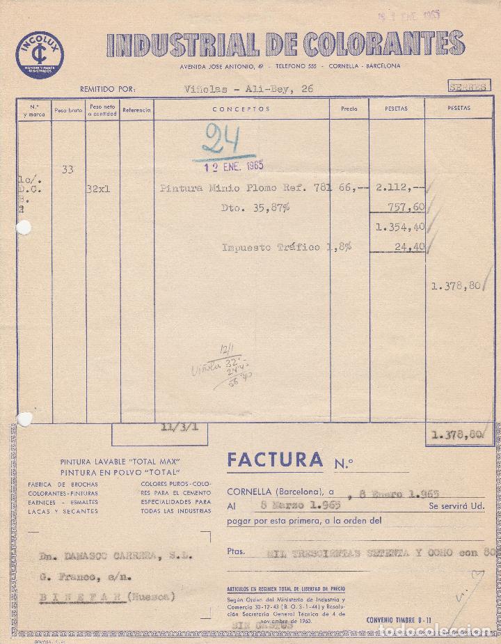 Alte Rechnungen: FACTURA. INDUSTRIAL DE COLORANTES. CORNELLA-BARCELONA. 1965.