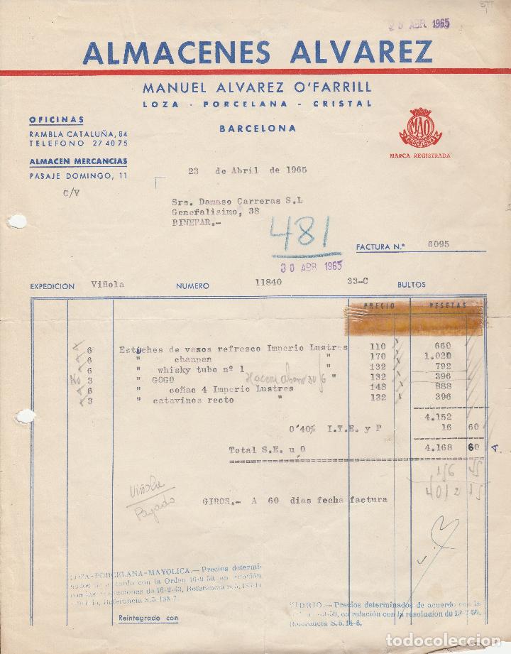 Alte Rechnungen: FACTURA. ALMACENES ALVAREZ. MANUEL ALVAREZ O`FARRILL. BARCELONA. 1965.