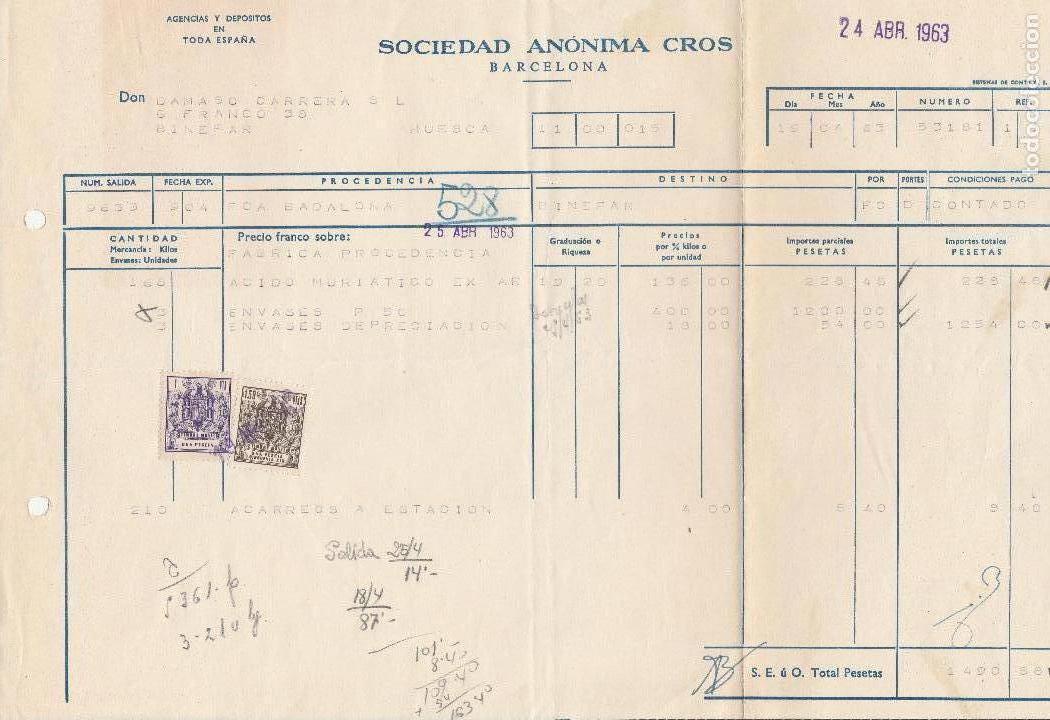 Alte Rechnungen: FACTURA. SOCIEDAD AN&Oacute;NIMA CROS. BARCELONA. 1963.