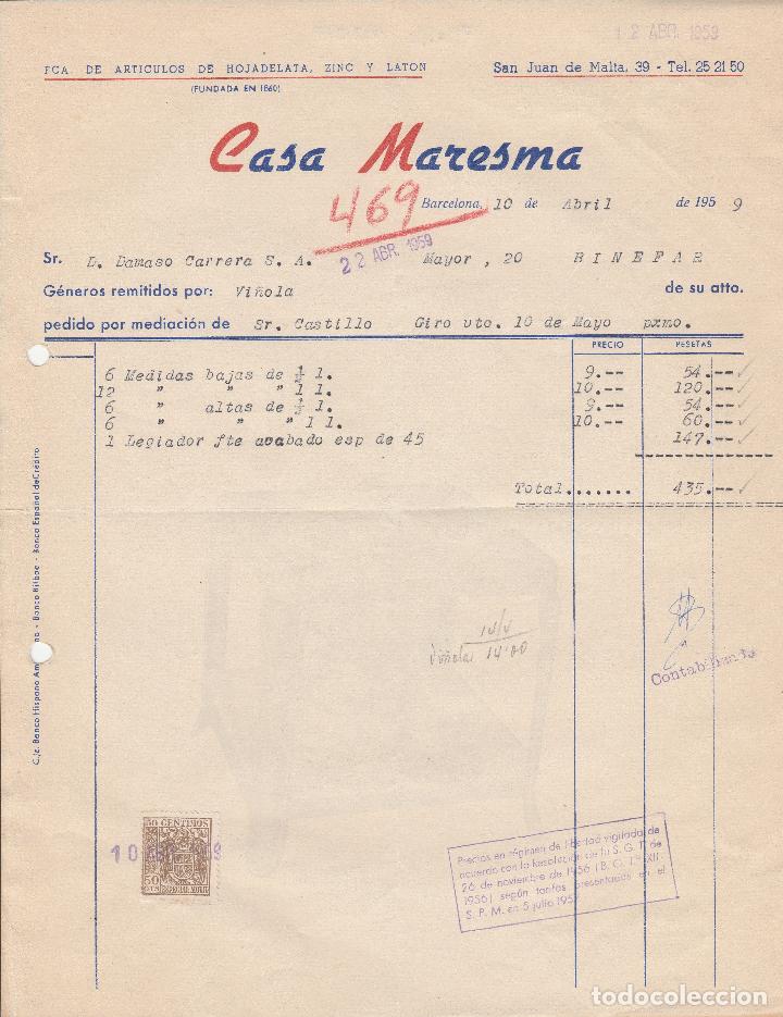 Alte Rechnungen: FACTURA. CASA MARESMA. BARCELONA. 1959.