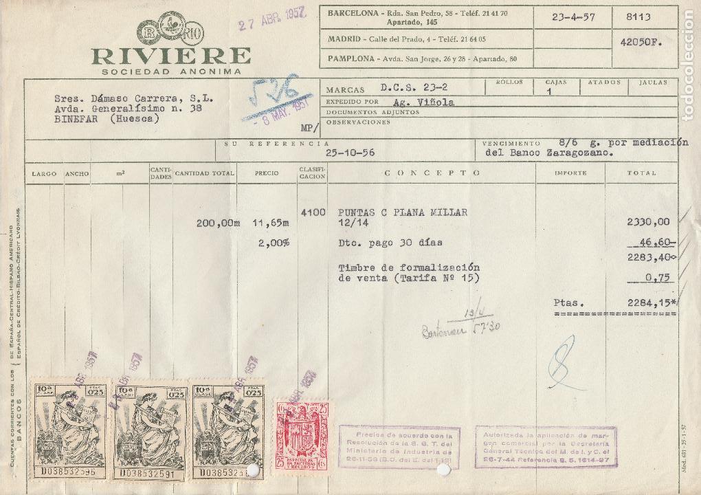 Alte Rechnungen: FACTURA. RIVIERE SOCIEDAD AN&Oacute;NIMA. BARCELONA. 1957.