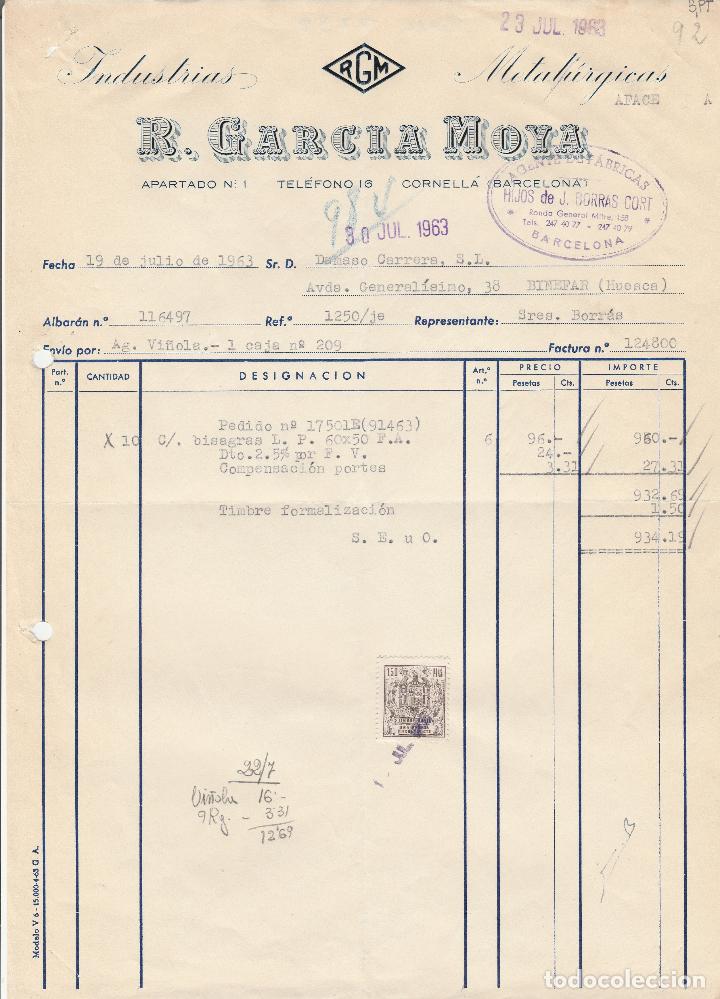 Alte Rechnungen: FACTURA. R.GARCIA MOYA. INDUSTRIAS METAL&Uacute;RGICAS. CORNELLA-BARCELONA. 1963.