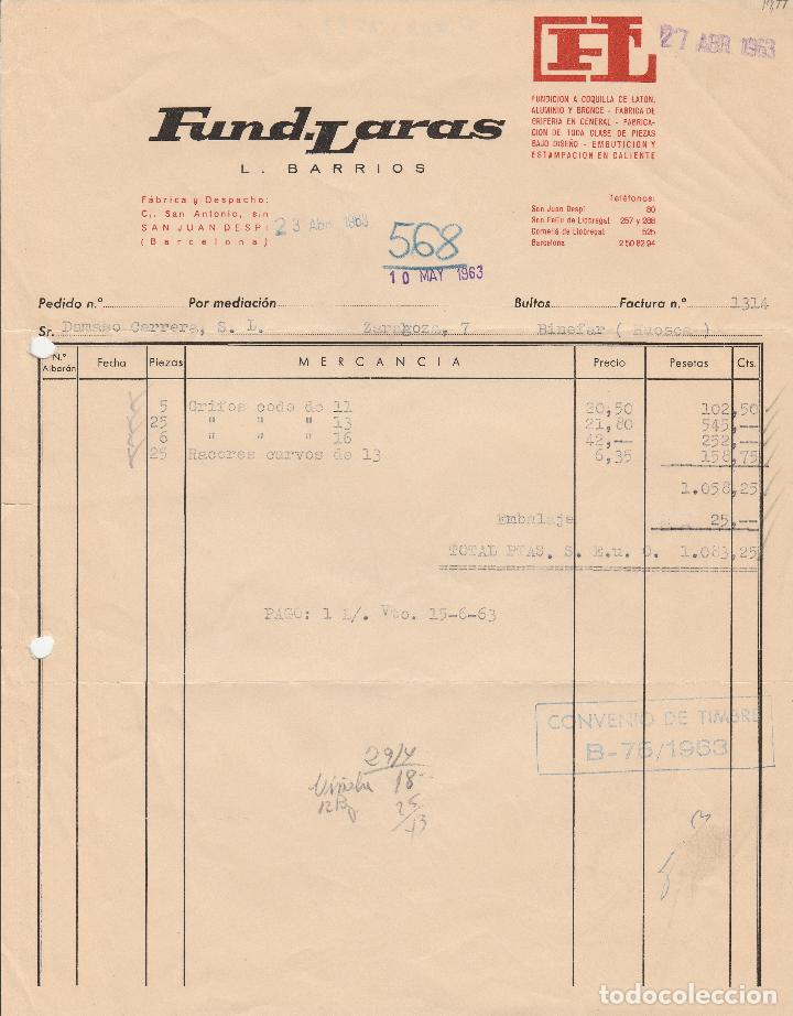 Alte Rechnungen: FACTURA. FUND-LARAS. FUNDICION A COQUILLA DE LAT&Oacute;N, ALUMINIO Y BRONCE. SAN JUAN DESPI-BARCELONA.1963