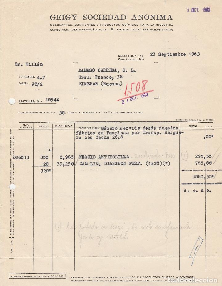 Alte Rechnungen: FACTURA. GEIGY SOCIEDAD AN&Oacute;NIMA. COLORANTES CURTIENTES Y PRODUCTOS QU&Iacute;MICOS. BARCELONA. 1963.