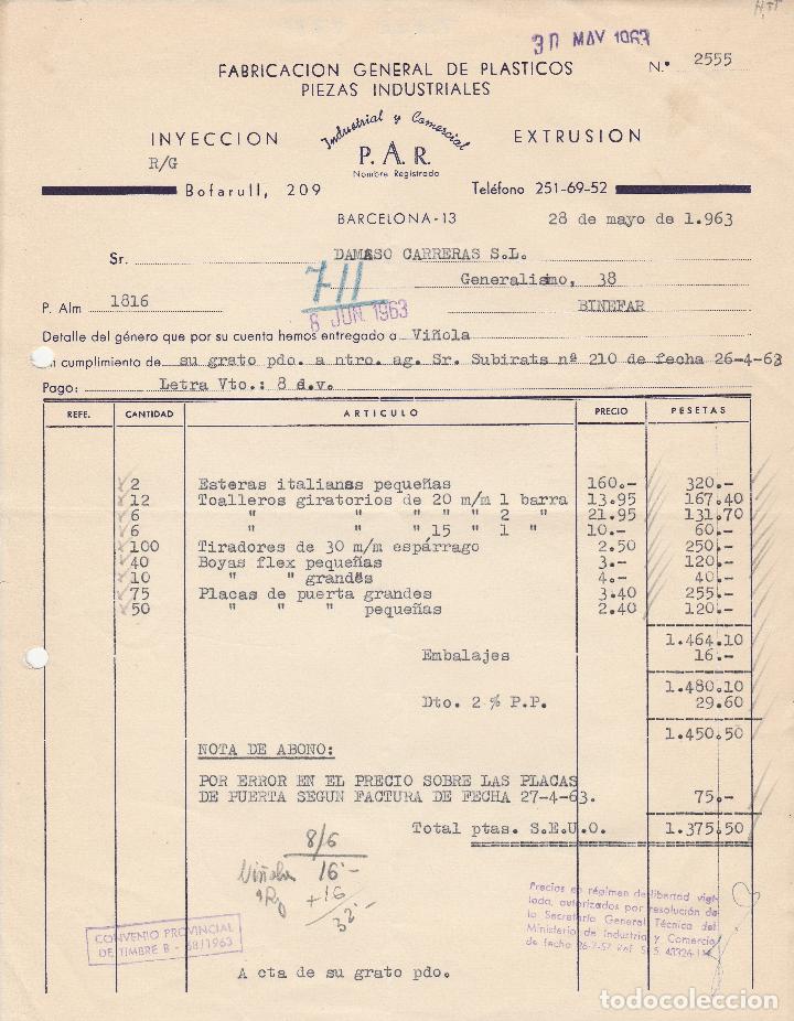 Alte Rechnungen: FACTURA. FABRICACION GENERAL DE PLASTICOS PIEZAS INDUSTRIALES. P.A.R. BARCELONA. 1963.