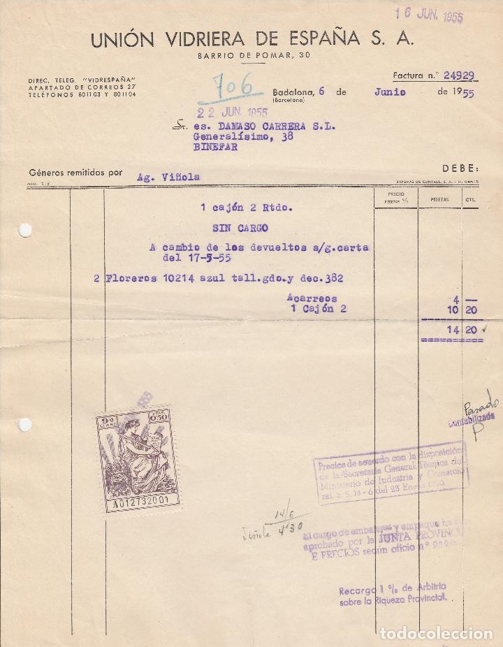 Alte Rechnungen: FACTURA. UNI&Oacute;N VIDRIERA DE ESPA&Ntilde;A, S.A. BADALONA. 1955.