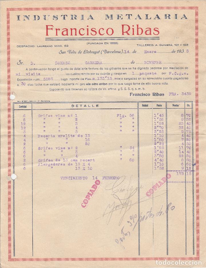 Alte Rechnungen: FACTURA. INDUSTRIA METALARIA FRANCISCO RIBAS. SAN FELIU DE LLOBREGAT-BARCELONA. 1935.