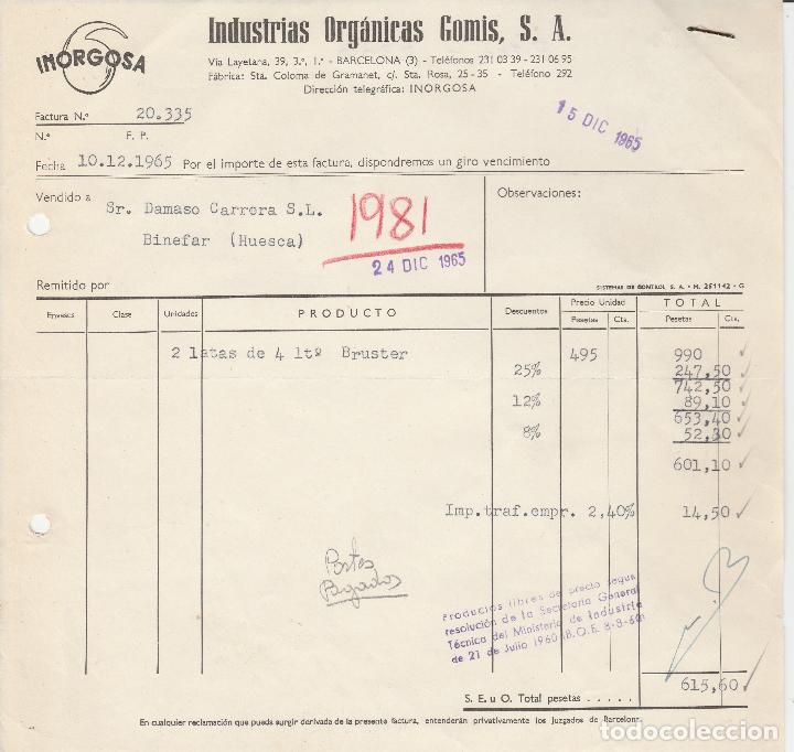 Alte Rechnungen: FACTURA. INDUSTRIAS ORG&Aacute;NICAS GOMIS, S,A,  BARCELONA. 1965.