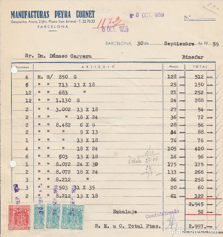 Alte Rechnungen: FACTURA. MANUFACTURAS PEYRA CORNET. BARCELONA. 1959.