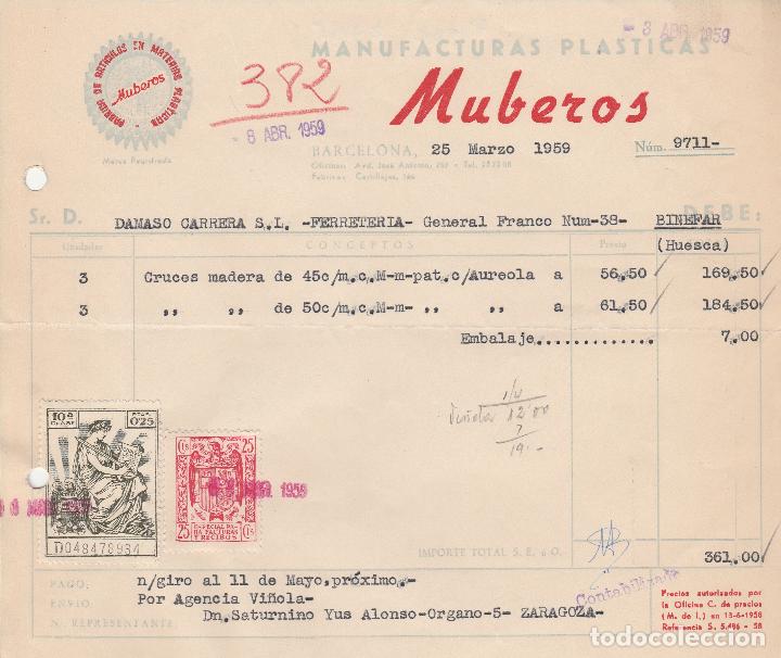 Alte Rechnungen: FACTURA. MANUFACTURAS PLASTICAS MUBEROS. BARCELONA. 1959.
