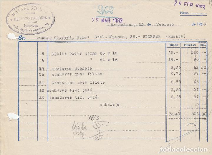 Alte Rechnungen: FACTURA. RAFAEL SEGURA. REPRESENTACIONES. BARCELONA. 1963.