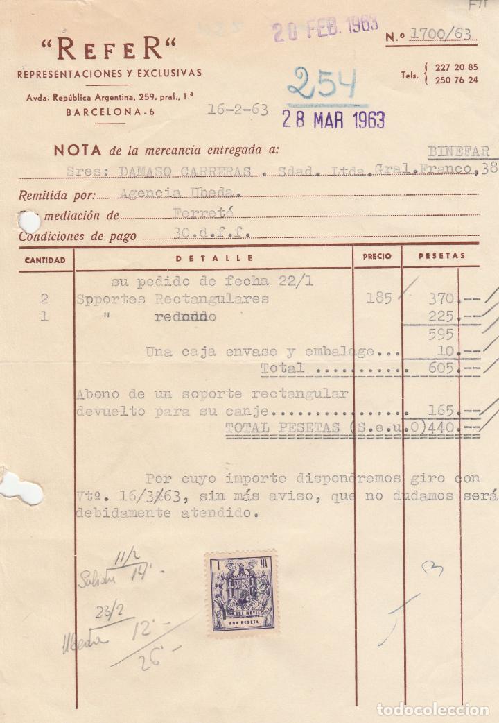 Alte Rechnungen: FACTURA. REFER. REPRESENTACIONES EXCLUSIVAS. BARCELONA. 1963.
