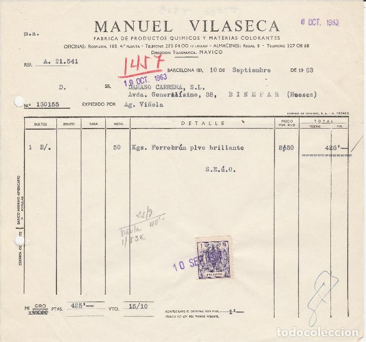 Alte Rechnungen: FACTURA. MANUEL VILASECA. F&Aacute;BRICA DE PRODUCTOS QU&Iacute;MICOS. BARCELONA. 1963.