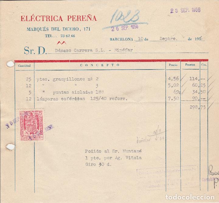 Alte Rechnungen: FACTURA. EL&Eacute;CTRICA PERE&Ntilde;A. BARCELONA. 1956.
