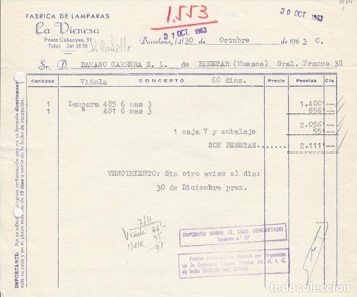 Alte Rechnungen: FACTURA. F&Aacute;BRICA DE L&Aacute;MPARAS LA DIENESA. BARCELONA. 1963.