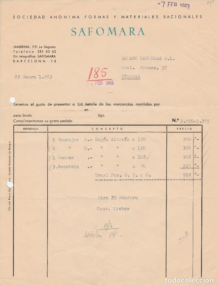 Alte Rechnungen: FACTURA. SAFOMARA. SOCIEDAD AN&Oacute;NIMA FORMAS Y MATERIALES RACIONALES. BARCELONA. 1963.