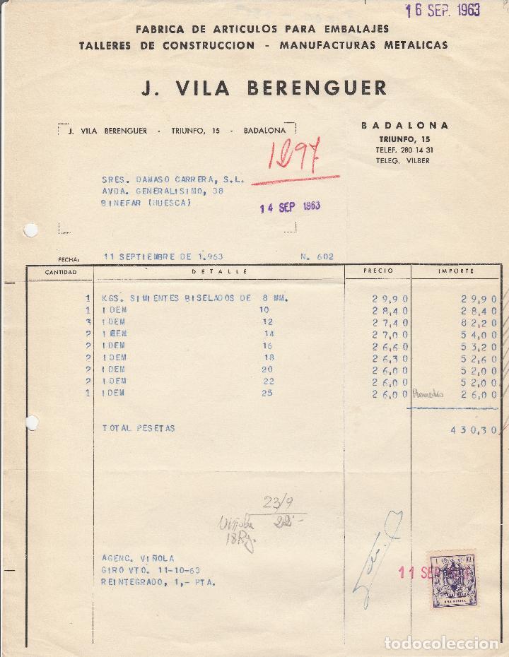 Alte Rechnungen: FACTURA. J.VILA BERENGUER. BADALONA. 1963.