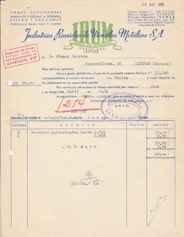 Alte Rechnungen: FACTURA. INDUSTRIAS REUNIDAS DE UTENSILIOS MET&Aacute;LICOS, S.A. BARCELONA. 1965.