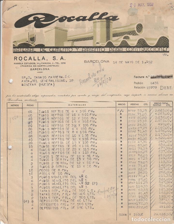Alte Rechnungen: FACTURA. ROCALLA, S.A. MATERIAL DE AMIANTO-CEMENTO PARA CONSTRUCCI&Oacute;N. BARCELONA. 1952.