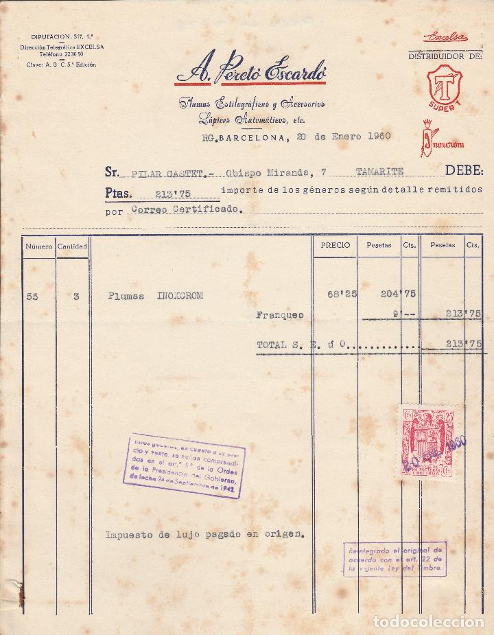Alte Rechnungen: FACTURA. A.PERET&Oacute; ESCARD&Oacute;. BARCELONA. 1960.