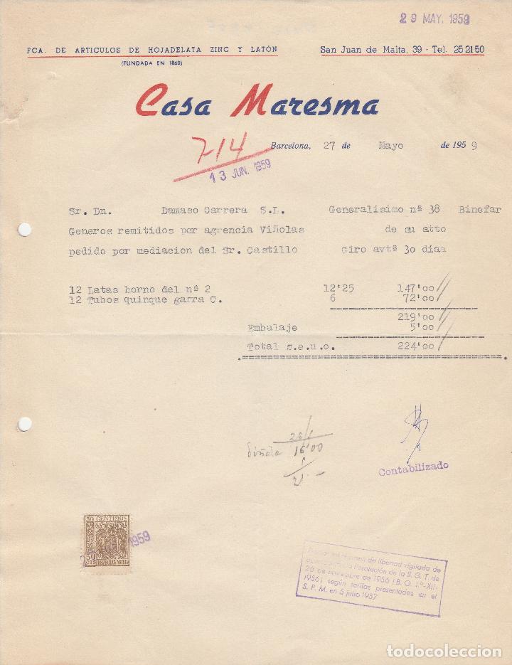 Alte Rechnungen: FACTURA. CASA MARESMA. BARCELONA. 1959.