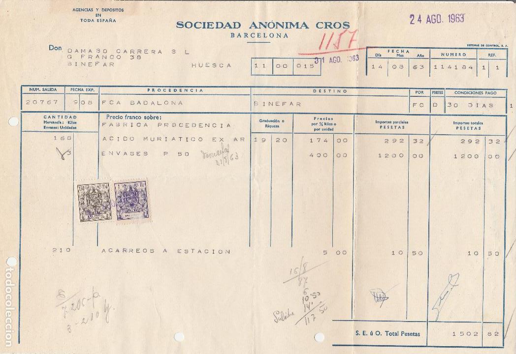 Alte Rechnungen: FACTURA. SOCIEDAD AN&Oacute;NIMA CROS. BARCELONA. 1963.