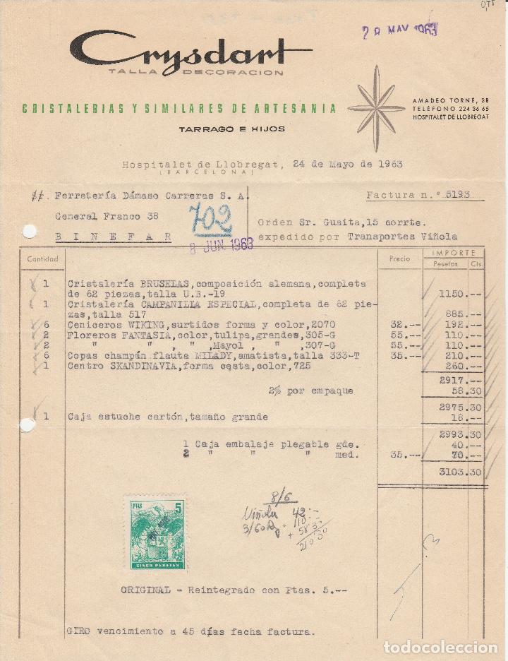 Alte Rechnungen: FACTURA. CRYSDART. TALLA DECORACI&Oacute;N. TARRAGO E HIJOS. BARCELONA. 1963.