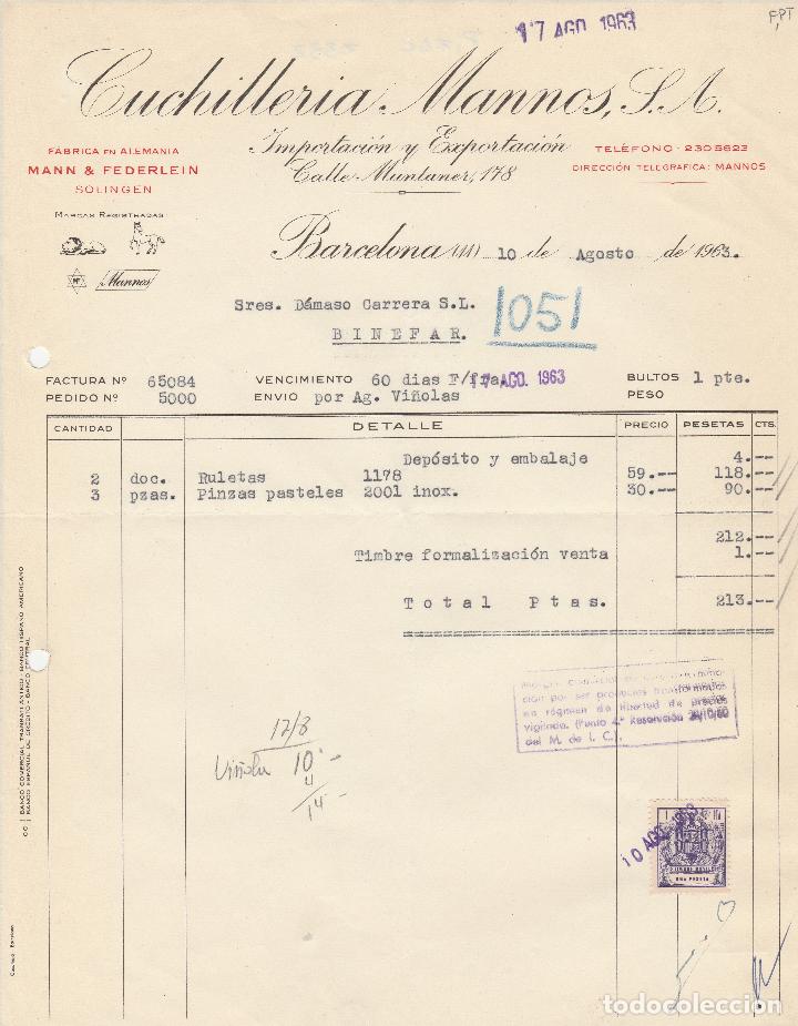 Alte Rechnungen: FACTURA. CUCHILLER&Iacute;A MANNOS, S.A. F&Aacute;BRICA EN ALEMANIA. MANN & FEDERLEIN BARCELONA. 1963.