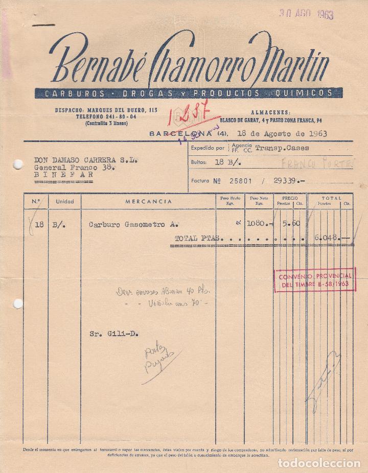 Alte Rechnungen: FACTURA. BERNAB&Eacute; CHAMORRO MART&Iacute;N. BARCELONA. 1963.