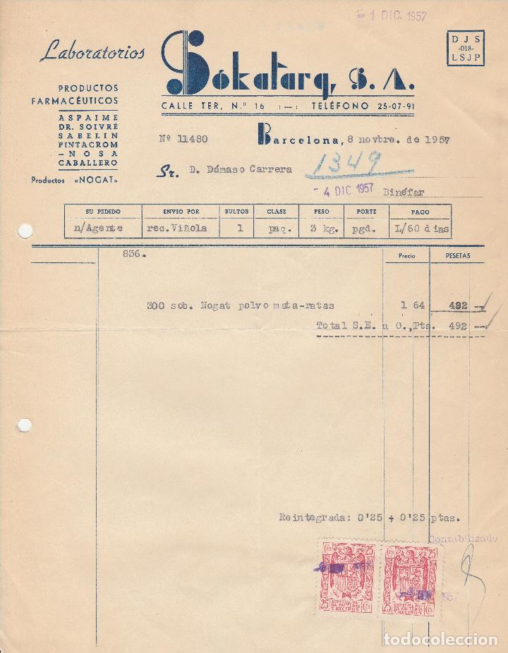 Alte Rechnungen: FACTURA. LABORATORIOS SOKATARQ, S.A. BARCELONA. 1957.