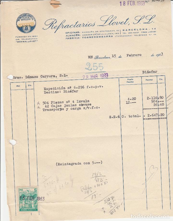 Alte Rechnungen: FACTURA. REFRACTARIOS LLOVET, S.L.  BARCELONA. 1963.
