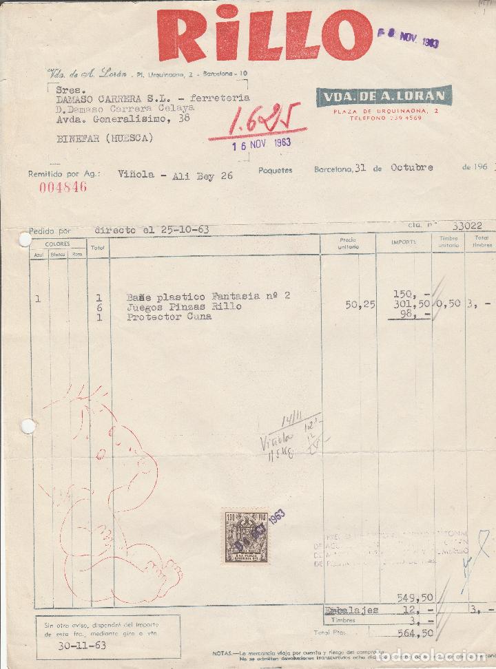 Alte Rechnungen: FACTURA. RILLO. VDA. DE A.LORAN. BARCELONA. 1963.