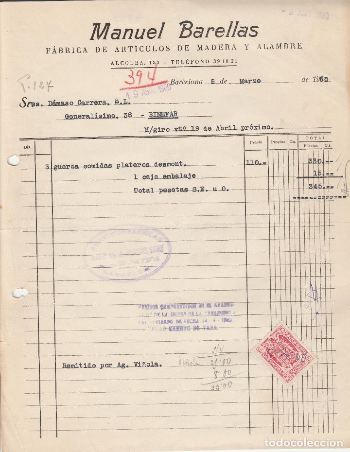 Alte Rechnungen: FACTURA. MANUEL BARELLAS. F&Aacute;BRICA DE ART&Iacute;CULOS DE MADERA Y ALAMBRE. BARCELONA. 1960.