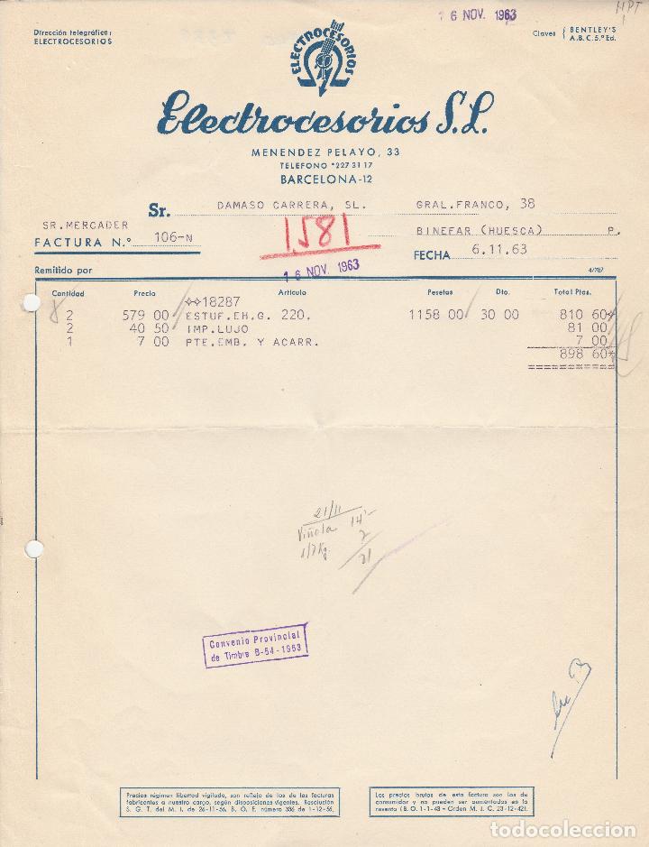 Alte Rechnungen: FACTURA. ELECTROCESORIOS S.L.  BARCELONA. 1963.
