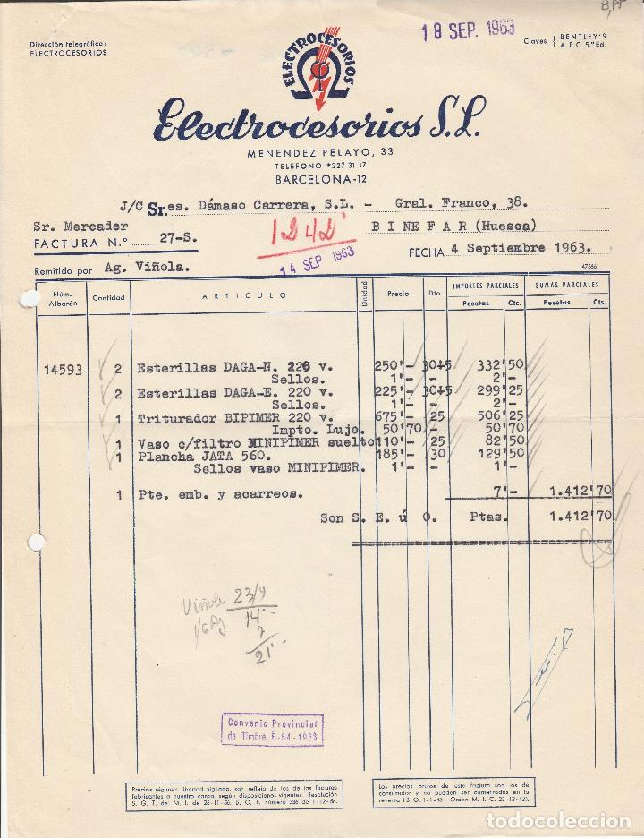 Alte Rechnungen: FACTURA. ELECTROCESORIOS S.L.  BARCELONA. 1963.