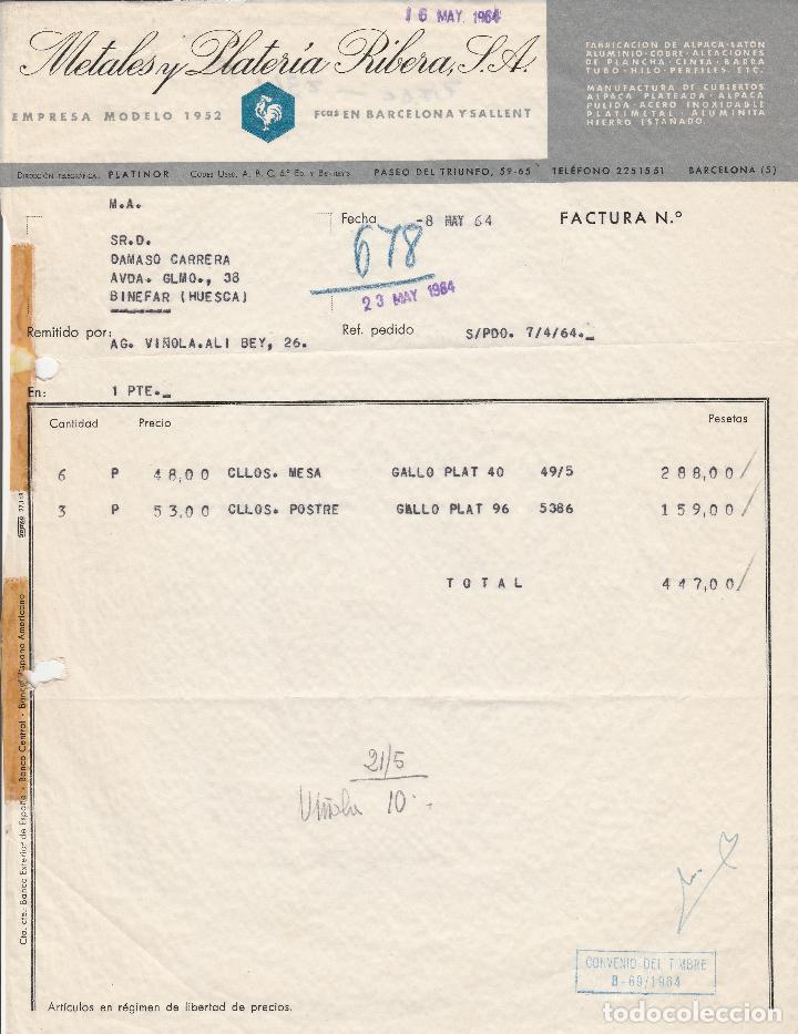 Alte Rechnungen: FACTURA. METALES Y PLATER&Iacute;A RIBERA, S.A. BARCELONA. 1964.