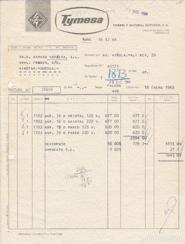 Alte Rechnungen: FACTURA. TYMESA. TIMBRES Y MATERIAL EL&Eacute;CTRICO, S.A. RUB&Iacute;-BARCELONA. 1964.