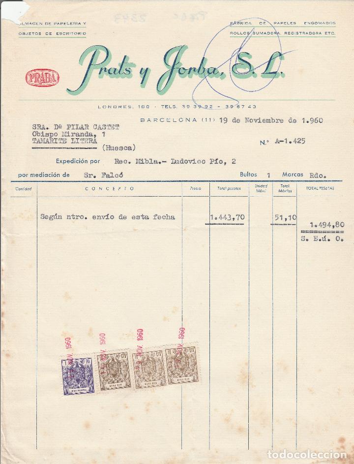 Alte Rechnungen: FACTURA. PRATS Y JORBA, S.L. BARCELONA. 1960.