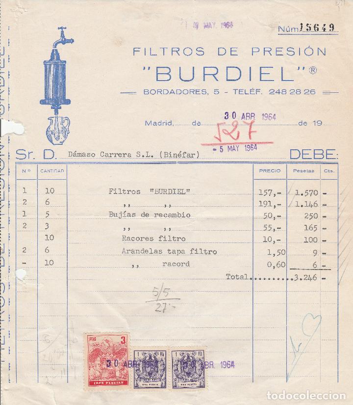 Alte Rechnungen: FACTURA. FILTROS DE PRESI&Oacute;N. BURDIEL. MADRID. 1964.