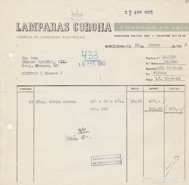 Alte Rechnungen: FACTURA. LAMPARAS CORONA. BARCELONA. 1963.