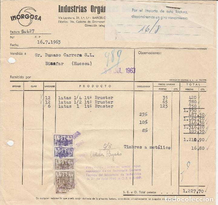 Alte Rechnungen: FACTURA. INDUSTRIAS ORG&Aacute;NICAS GOMIS, S,A,  BARCELONA. 1963.