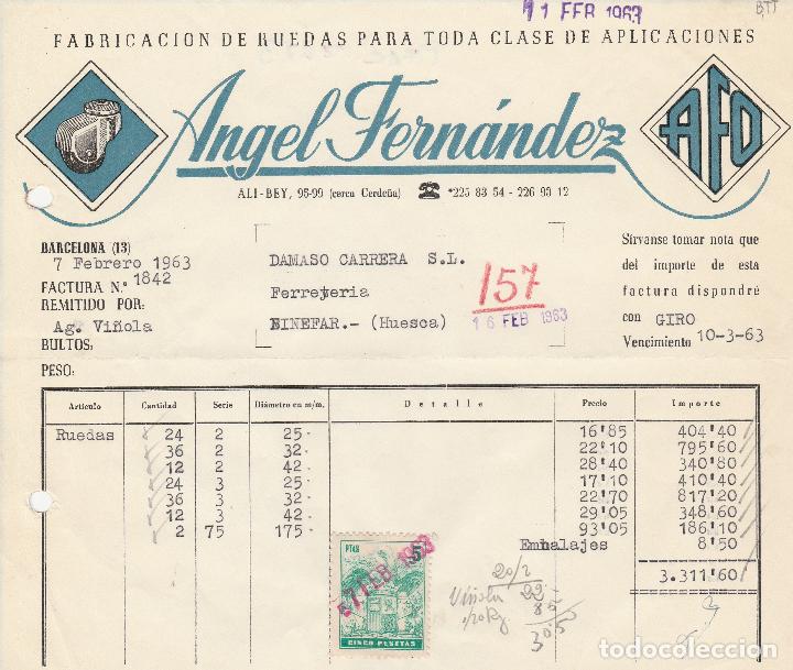 Alte Rechnungen: FACTURA. ANGEL FERNANDEZ. FABRICACI&Oacute;N DE RUEDAS . BARCELONA. 1963.