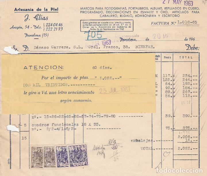 Alte Rechnungen: FACTURA. ARTESANIA DE LA PIEL.J. ELIAS. MARCOS PARA FOTOGRAF&Iacute;AS. BARCELONA. 1963.