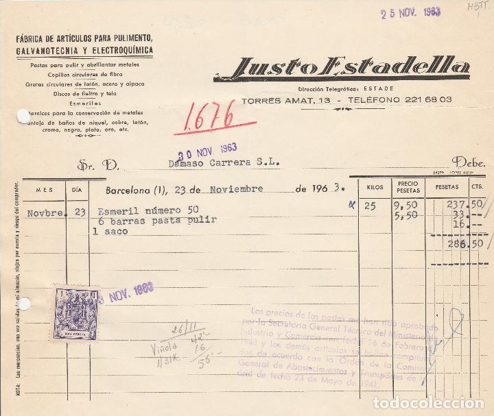 Alte Rechnungen: FACTURA. JUSTO ESTADELLA. F&Aacute;BRICA DE ARTICULOS PARA PULIMENTO. GALVANOTECNIA . BARCELONA. 1963.